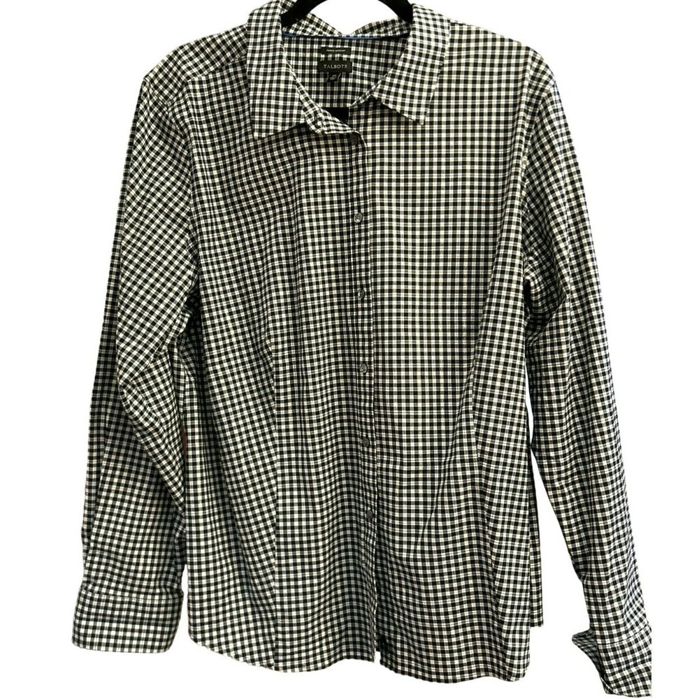 Talbots Women's Black White Gingham Gold Thread Plus Size Button Up Blouse Sz 20